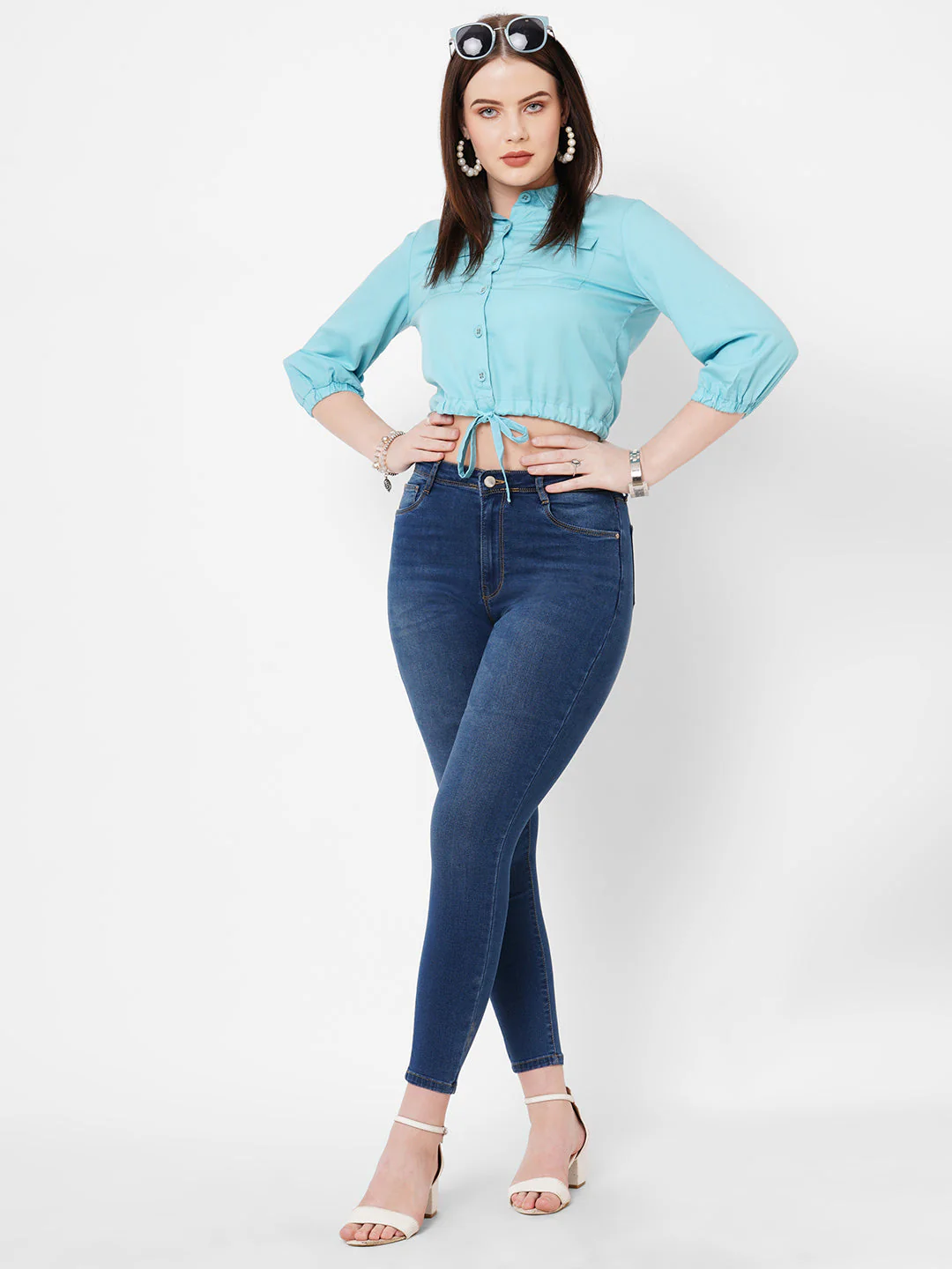 Women Turquoise Slim Shirt - Image 2