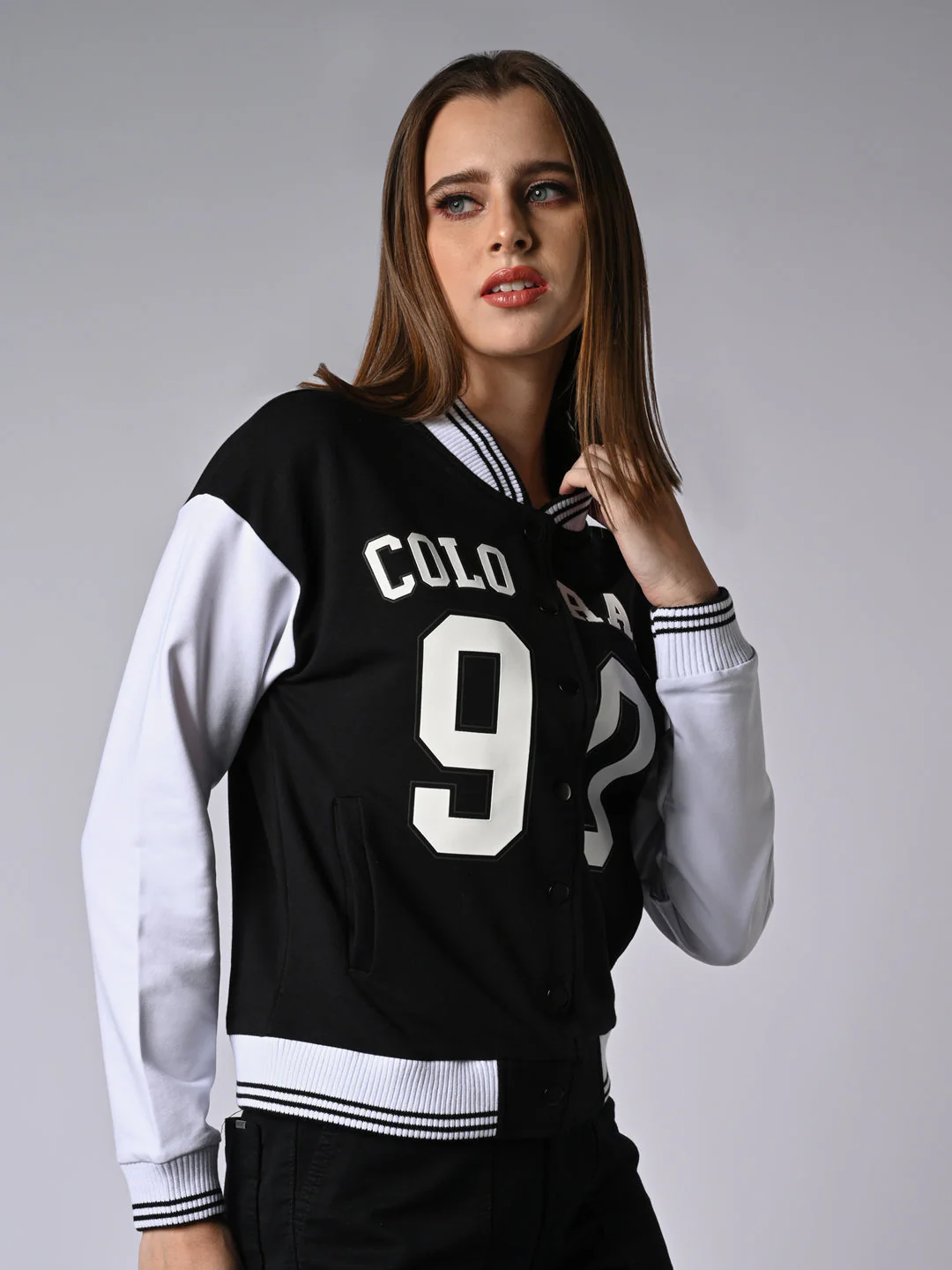 Women Black/White Varsity Jacket - Image 4