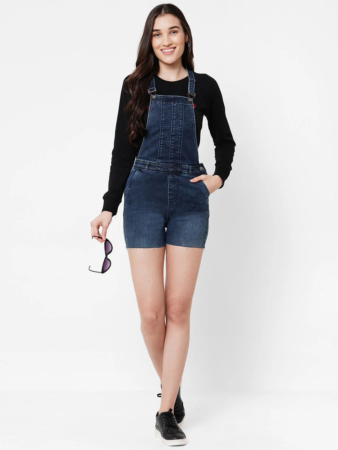 Women Washed Panelled Short Dungaree - Image 2