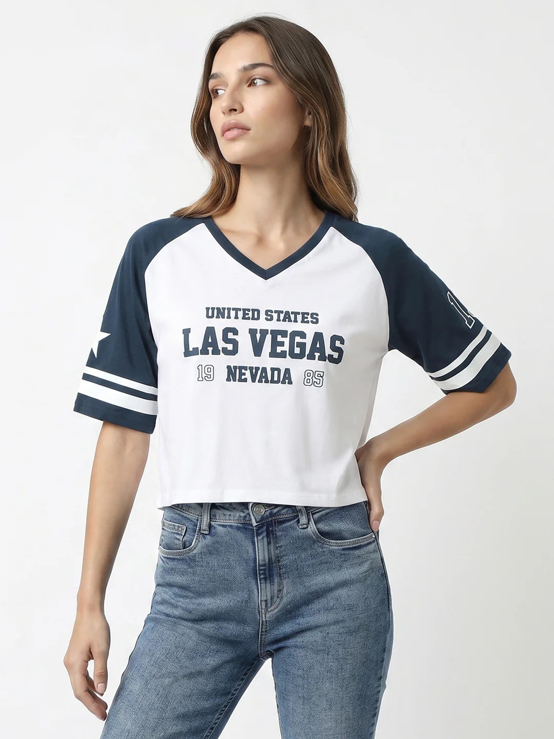 Women White/Airforce Graphic Crop Tees - Image 2