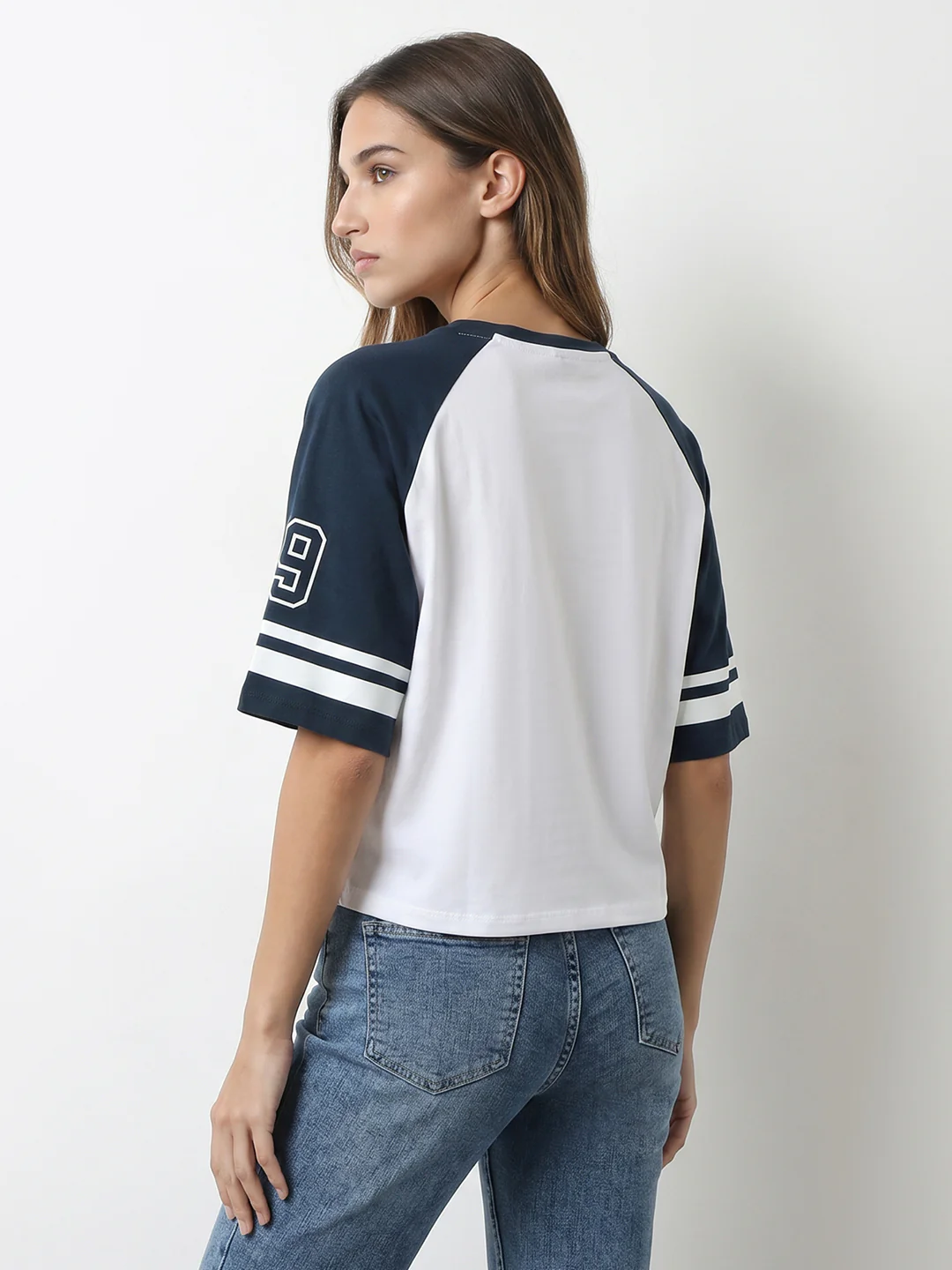 Women White/Airforce Graphic Crop Tees - Image 3