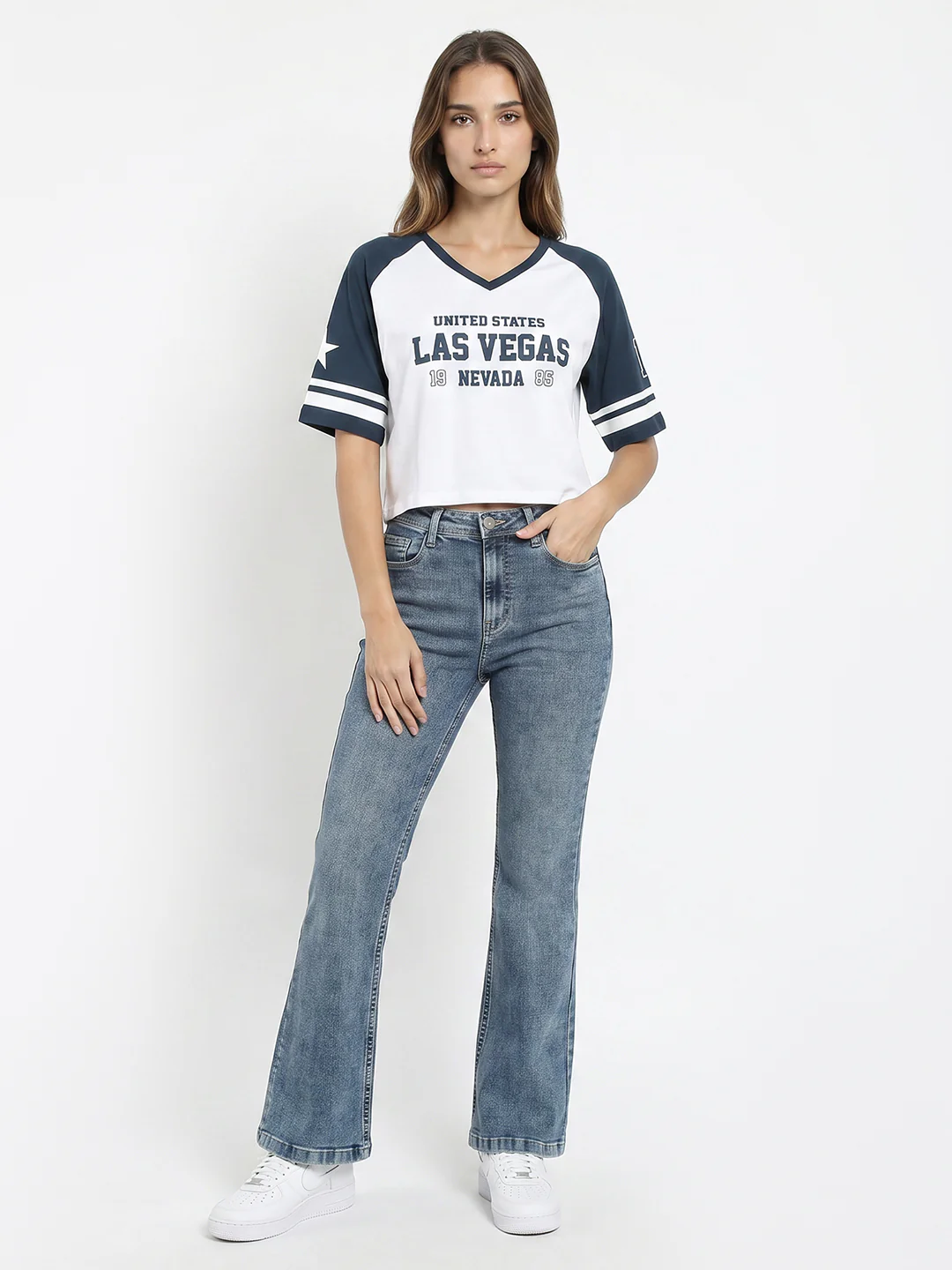 Women White/Airforce Graphic Crop Tees - Image 4