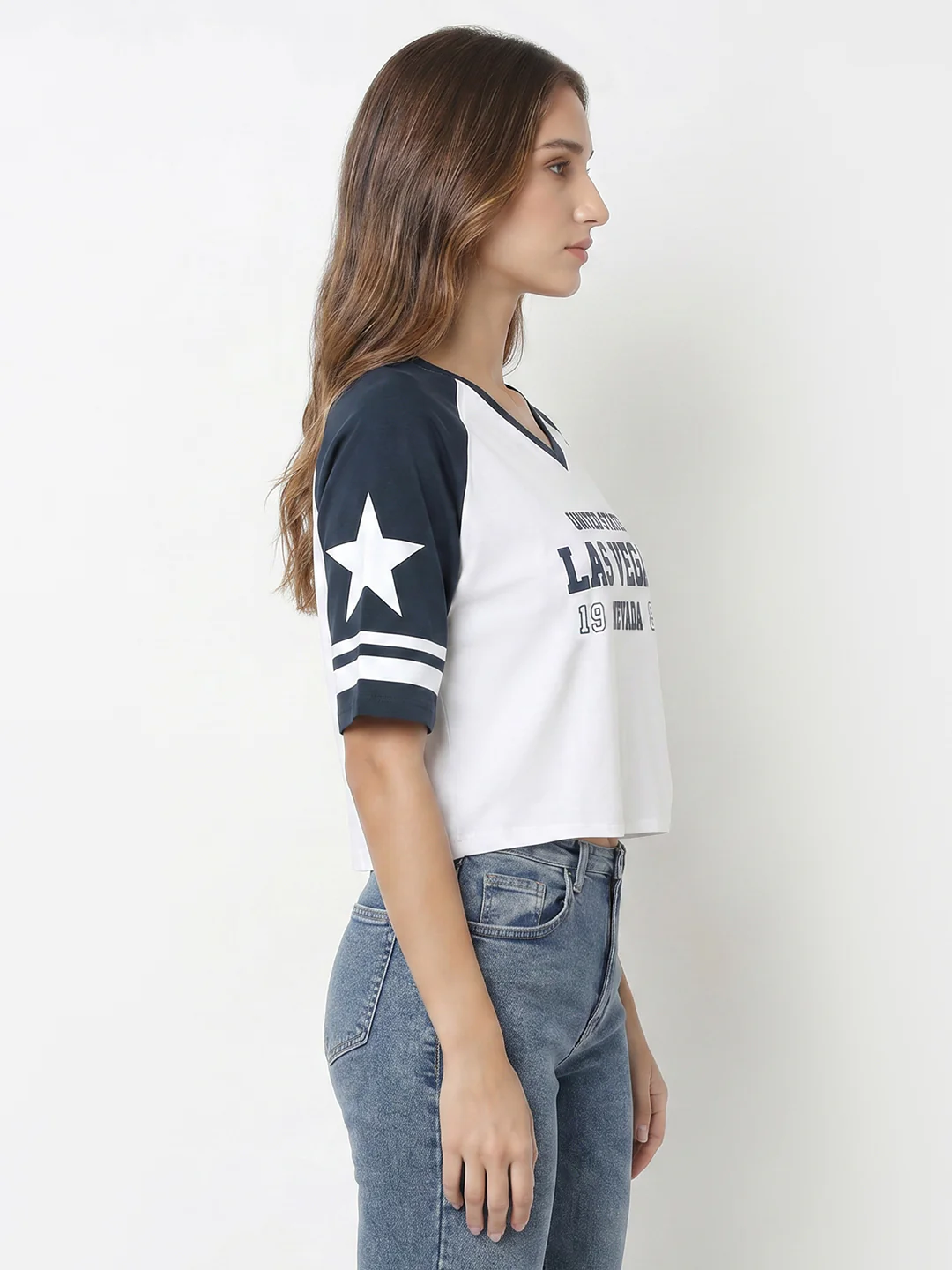 Women White/Airforce Graphic Crop Tees - Image 5