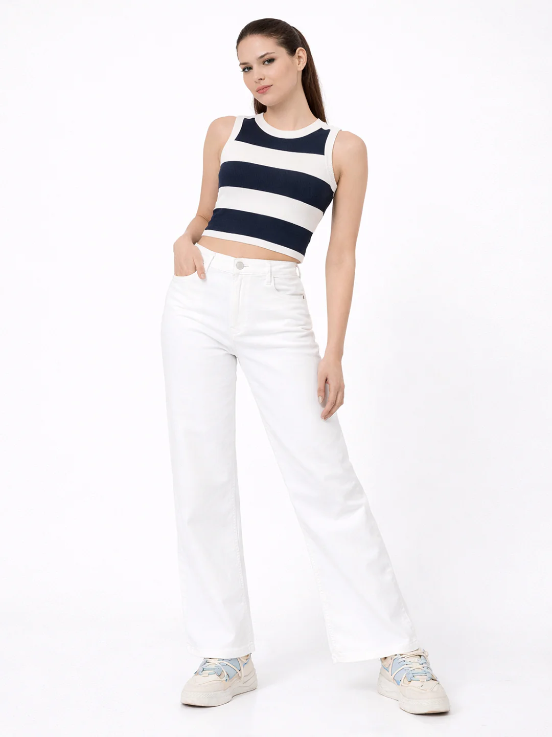 Women White/Airforce Slim Flat Knit