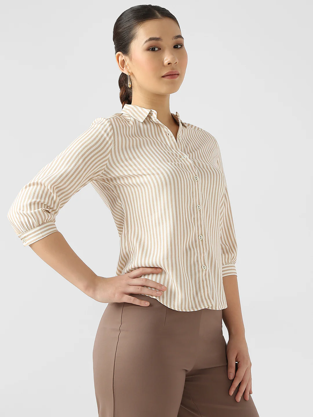 Women White/Beige Stripe Shirt - Image 4