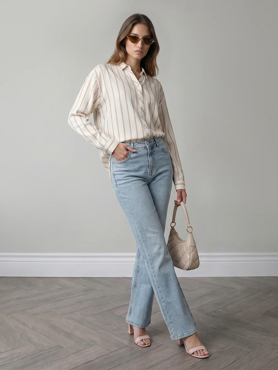Women White/Beige Striped Shirt