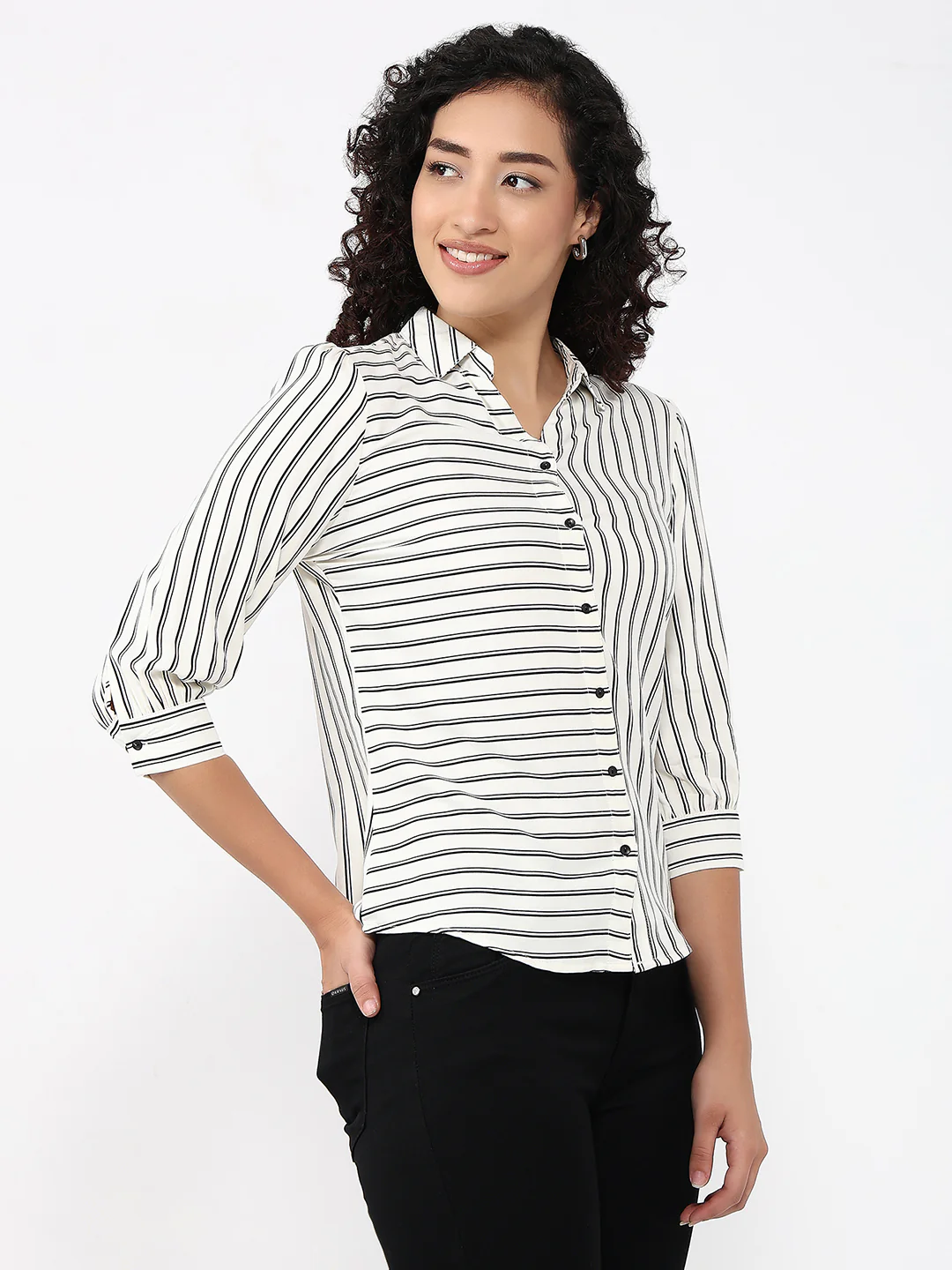Women White/Black Stripe Shirt - Image 4