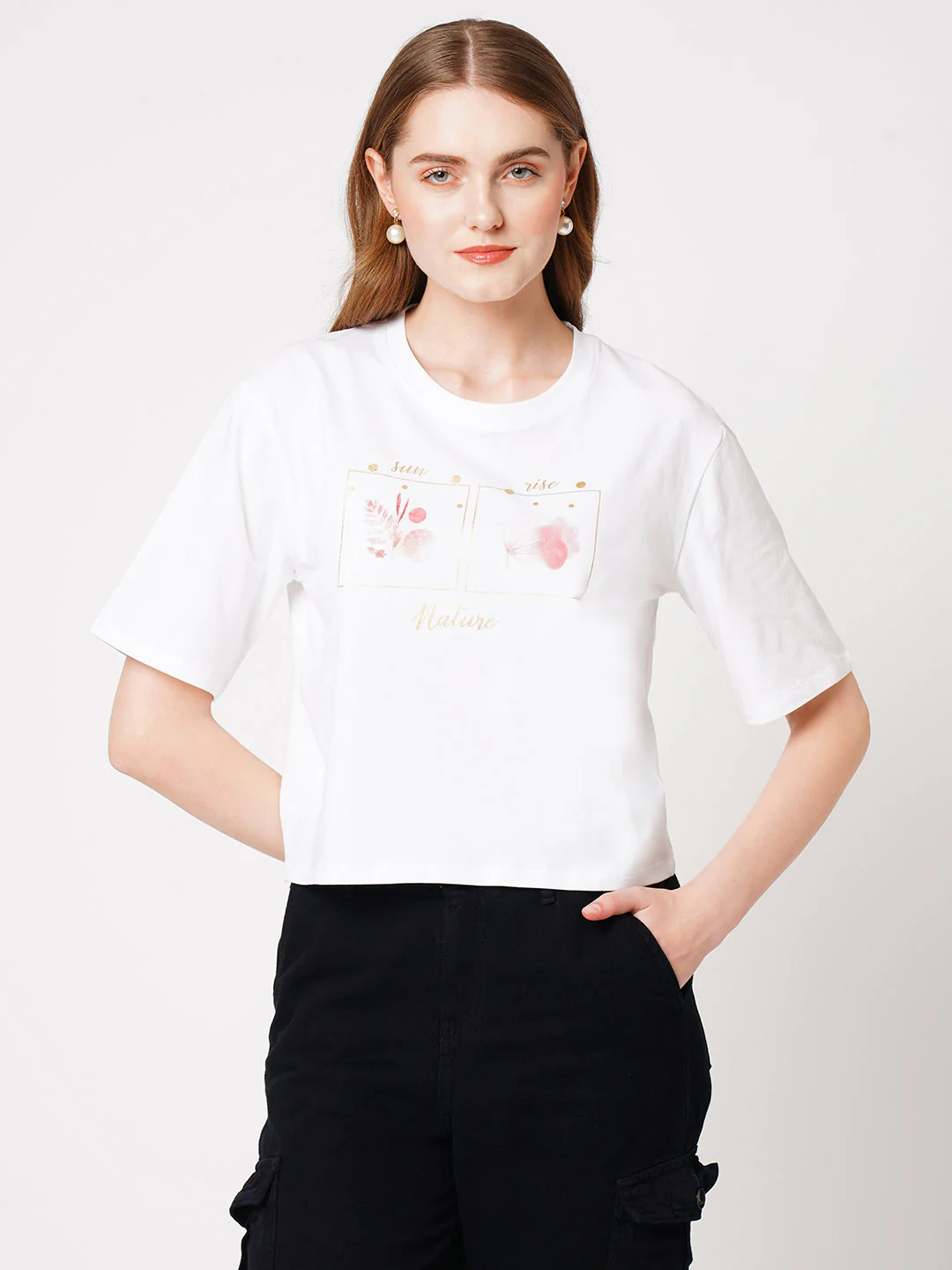 Women White Floral Graphic Tees