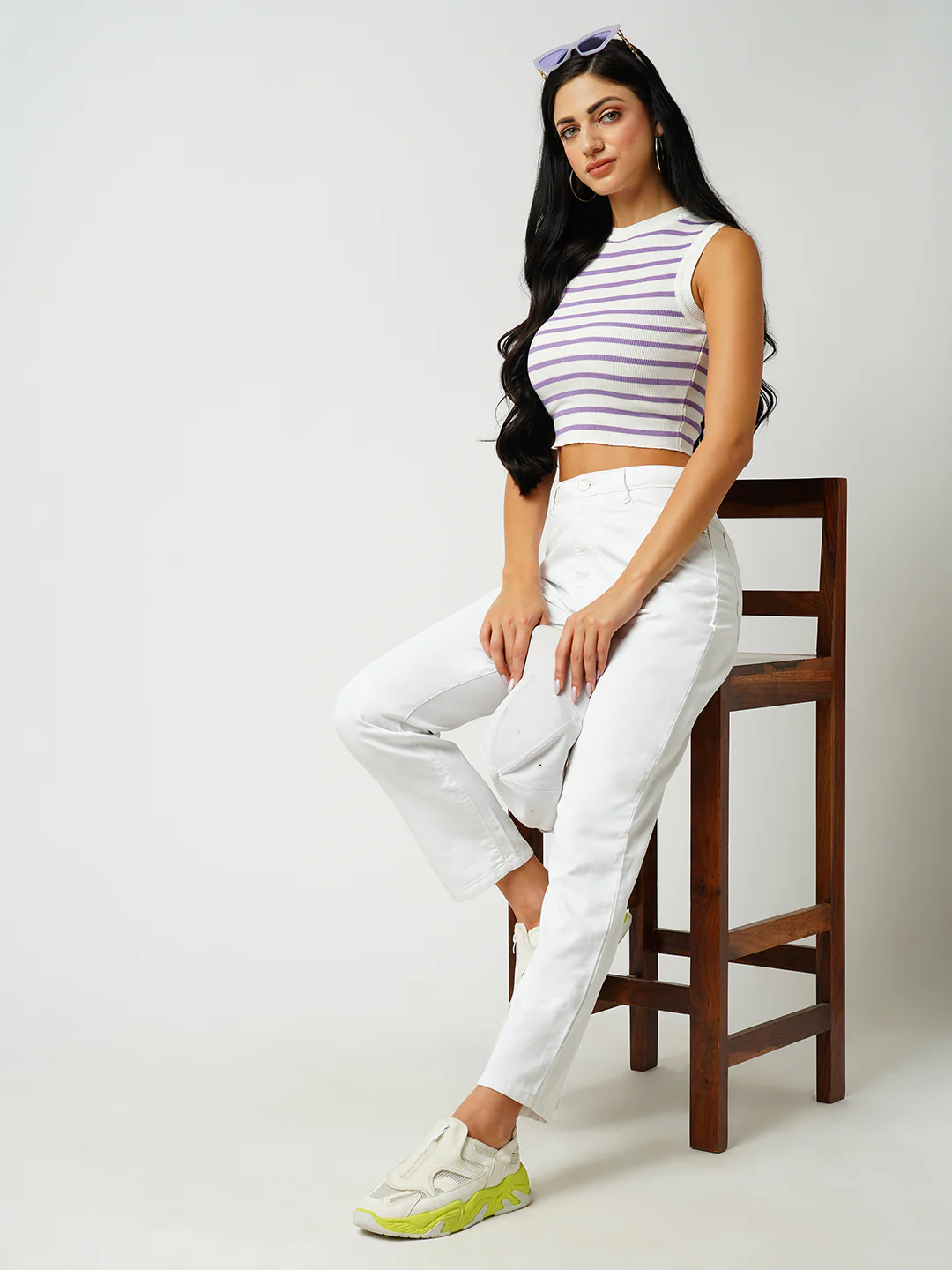 Women White Lilac Slim Fit Flat Knit