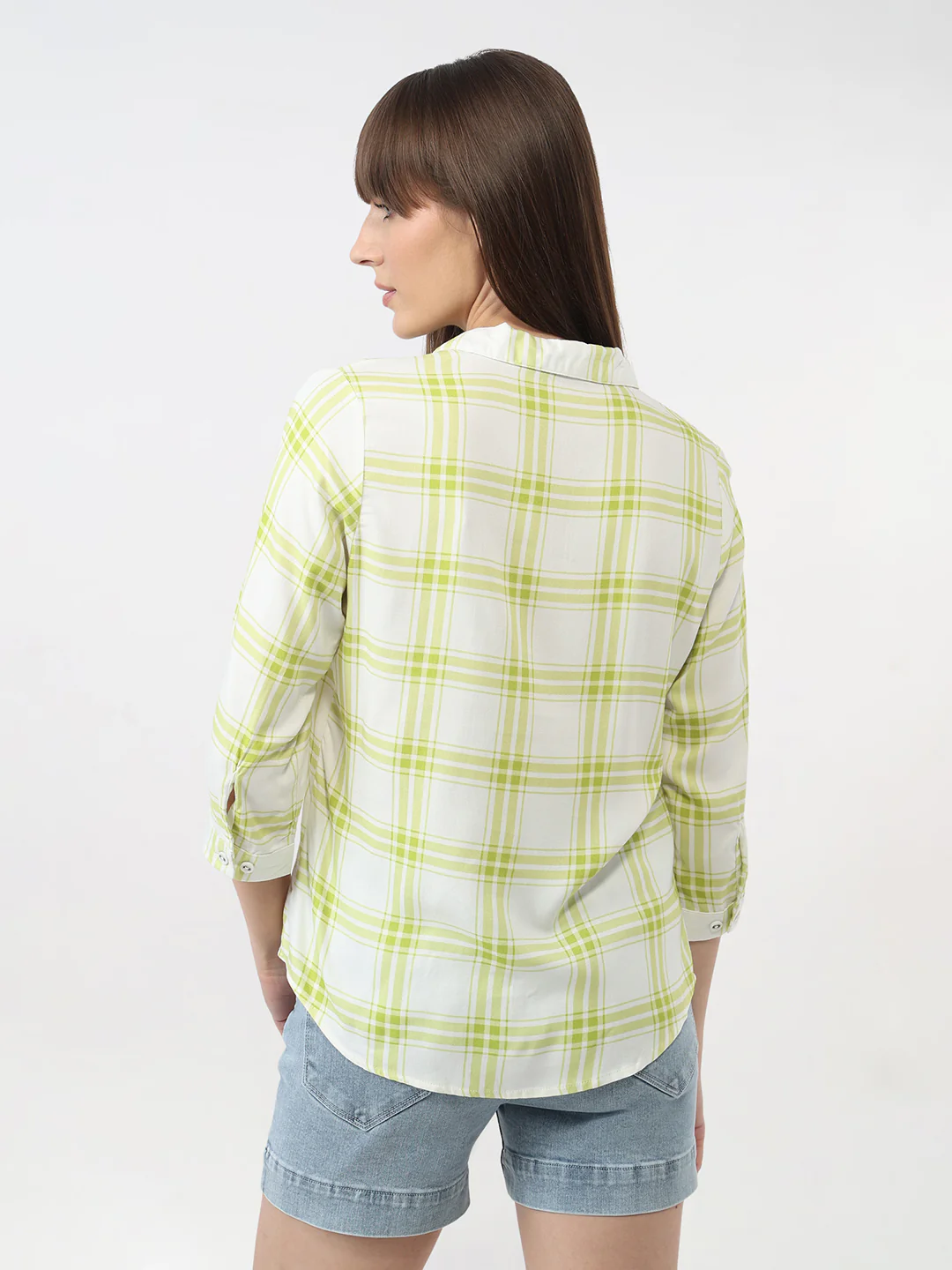 Women White/Lime Checks Slim Shirt - Image 6
