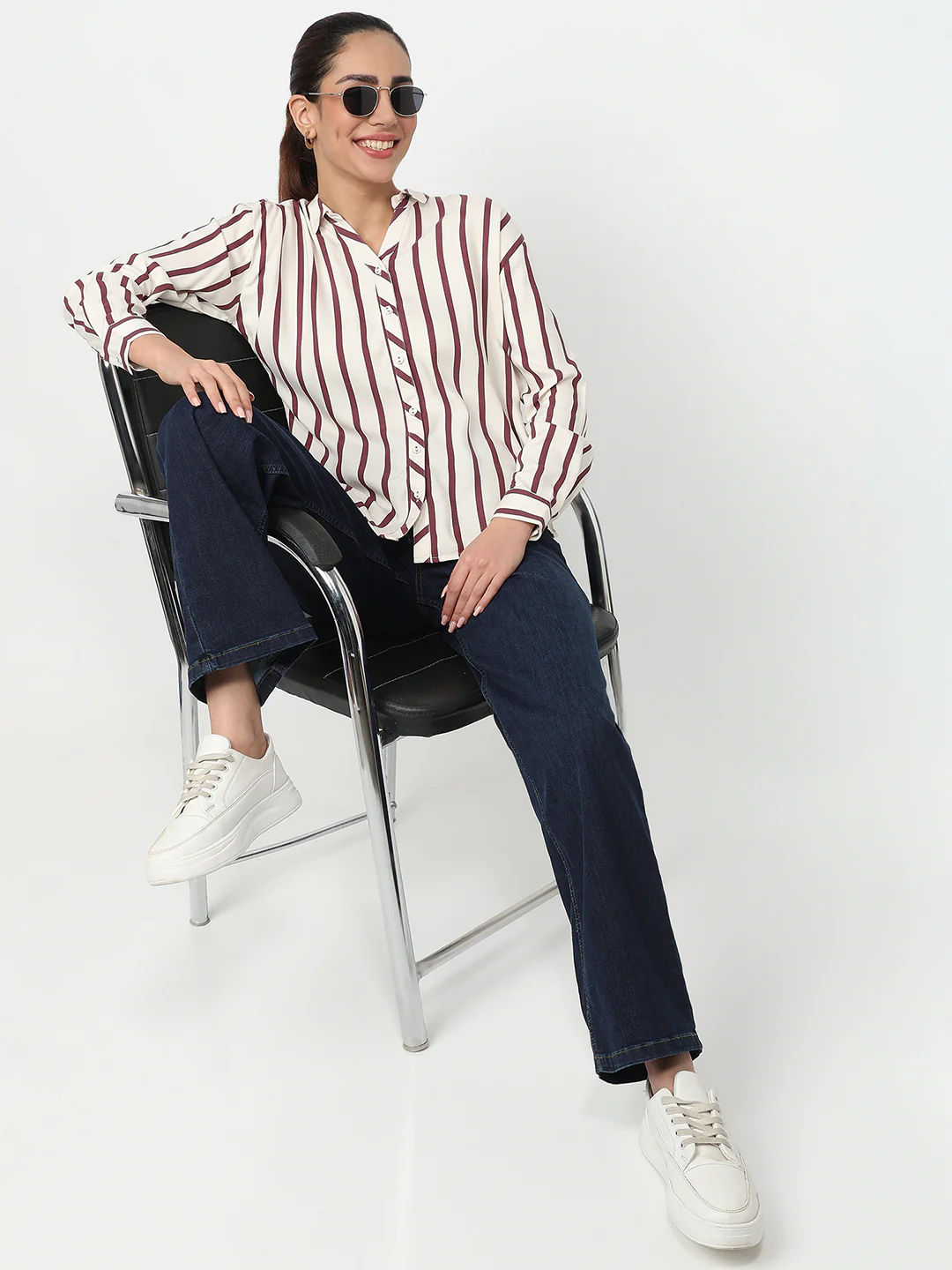 Women White/Mauve Striped Shirt