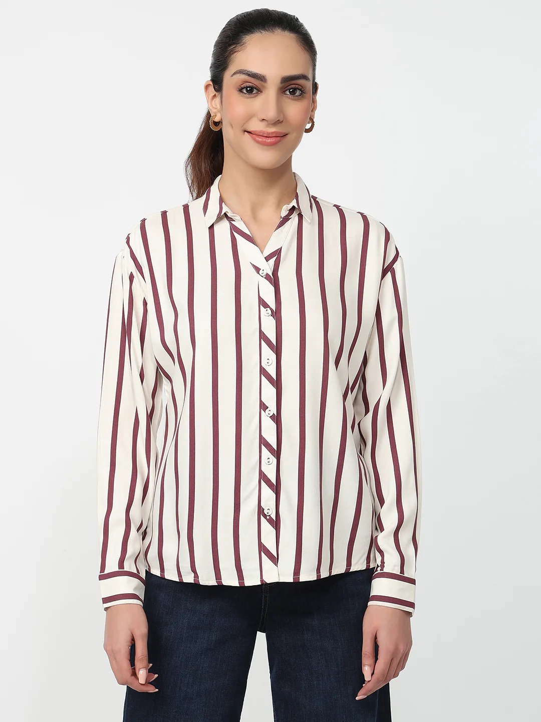 Women White/Mauve Striped Shirt - Image 2
