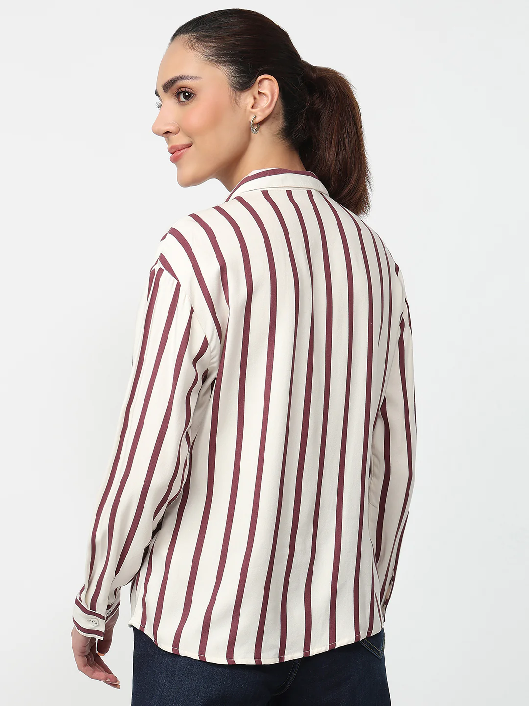 Women White/Mauve Striped Shirt - Image 3