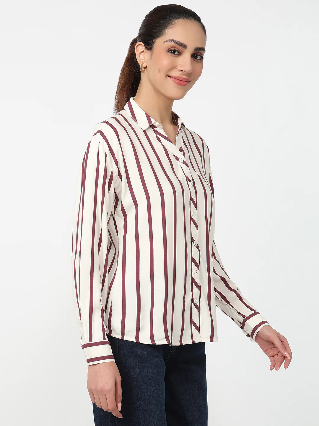 Women White/Mauve Striped Shirt - Image 5