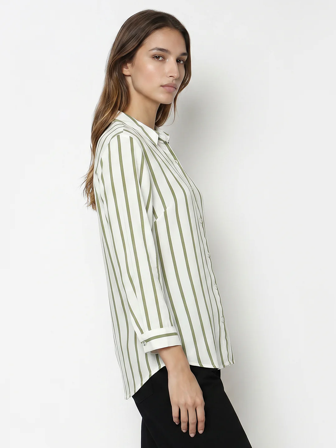 Women White/Olive Striped Shirt - Image 5