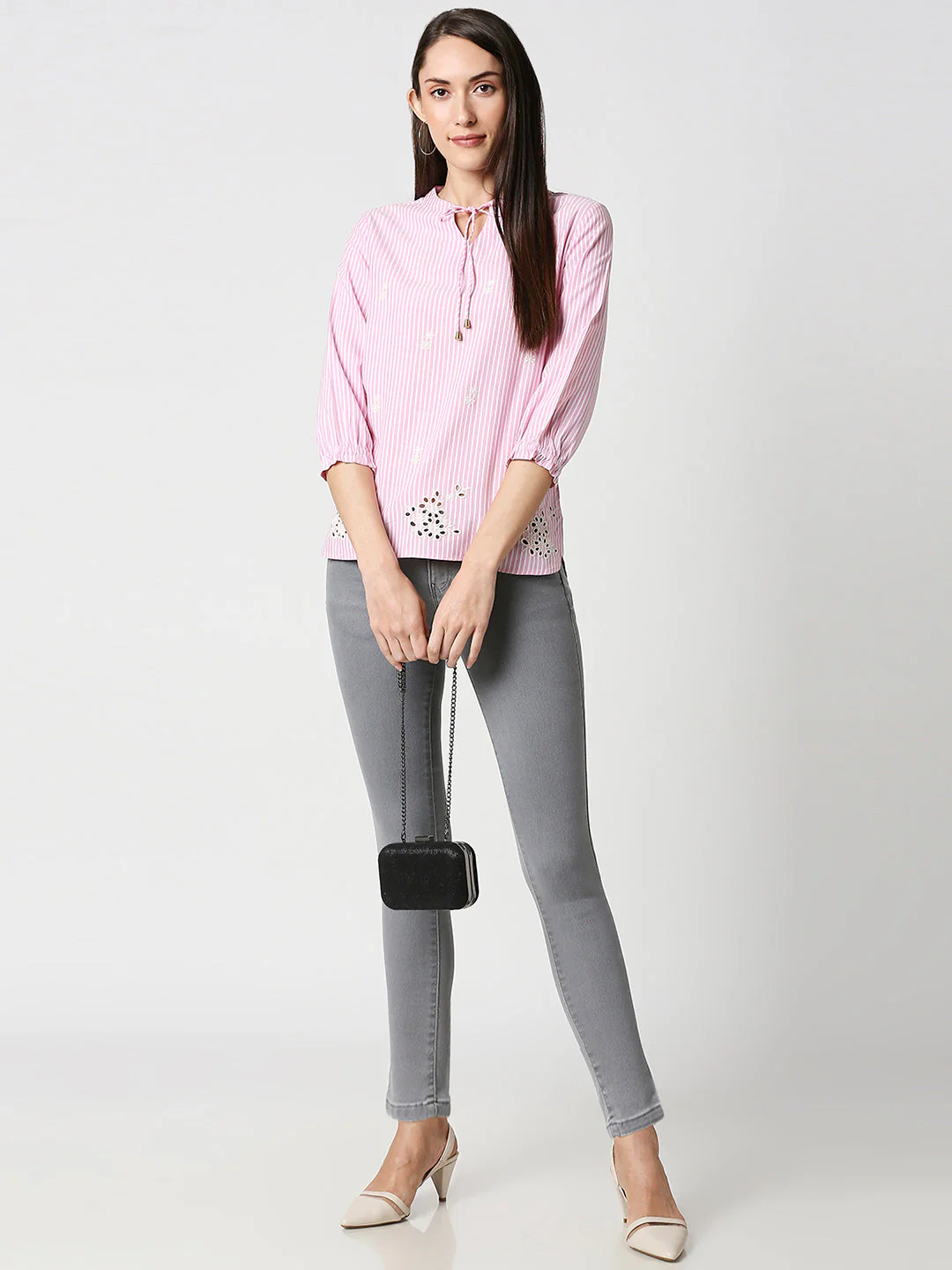 Women White/Pink Stripe Top