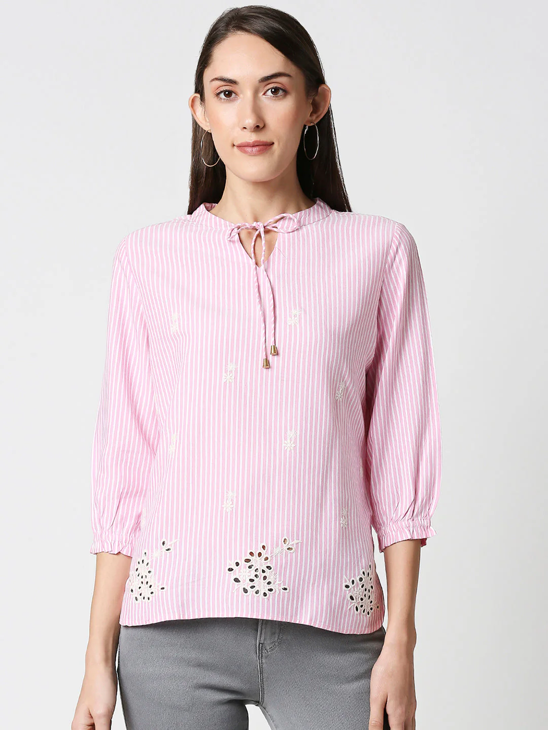 Women White/Pink Stripe Top - Image 2