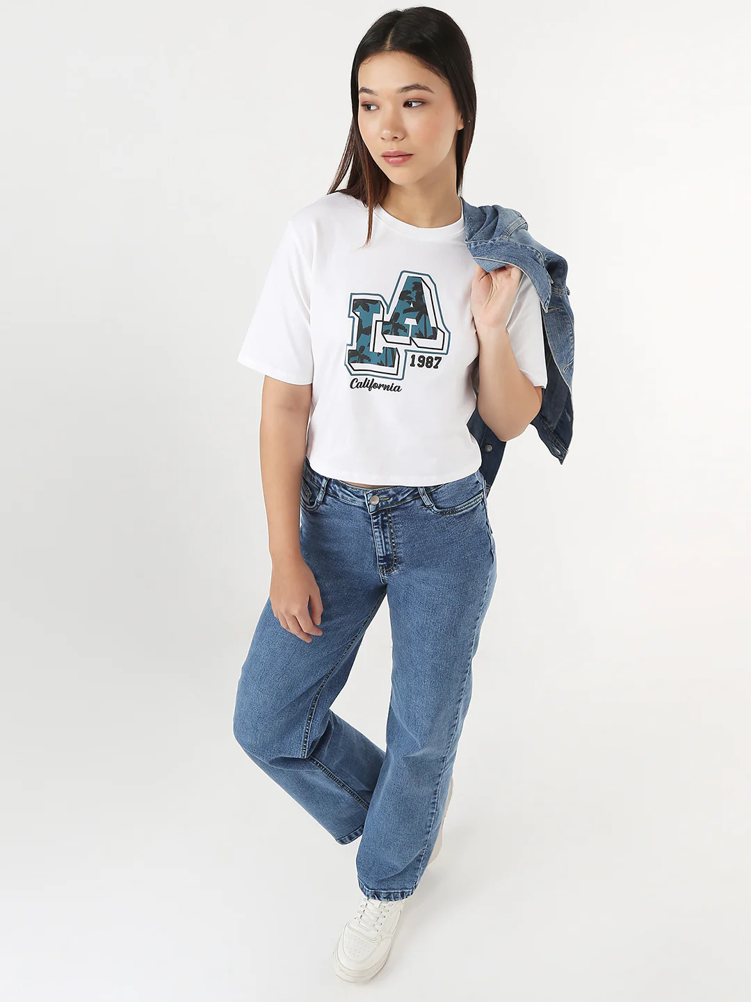 Women White Slim Crop Graphic T-Shirt - Image 2