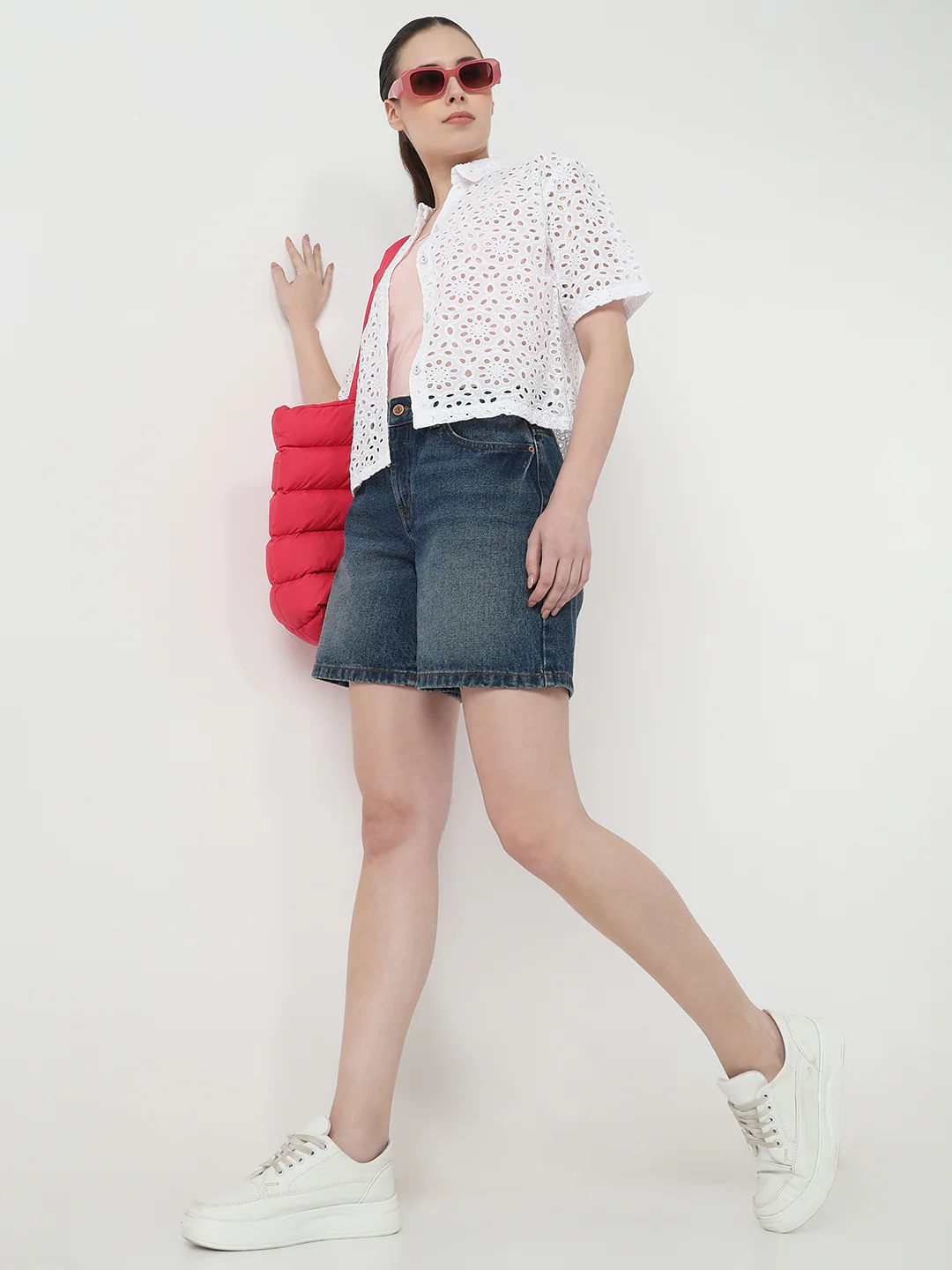Women White Slim Fit Crop Shirt