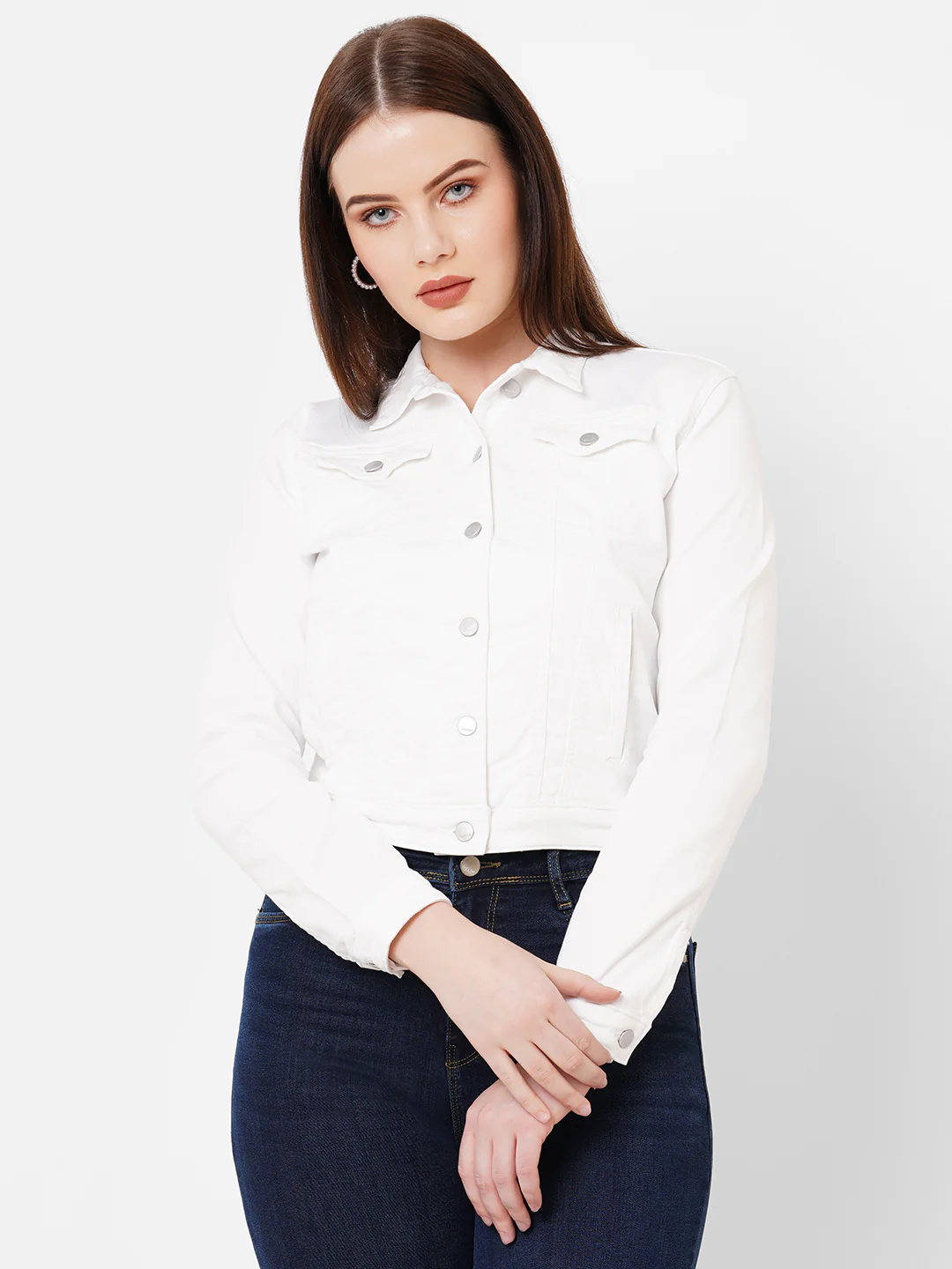 Women White Slim Fit Denim Jacket - Image 2