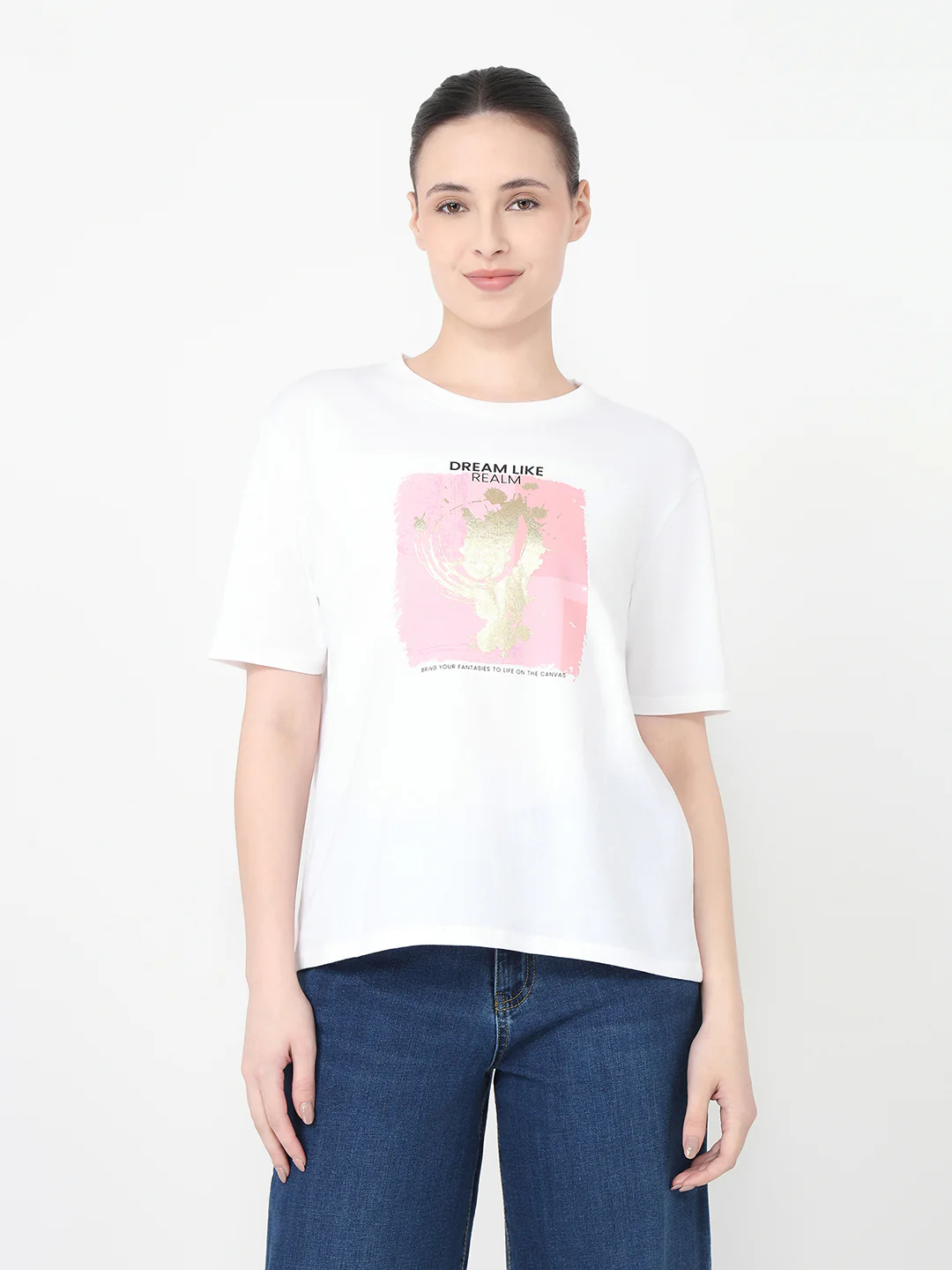Women White Slim Fit Graphic T-Shirt - Image 2
