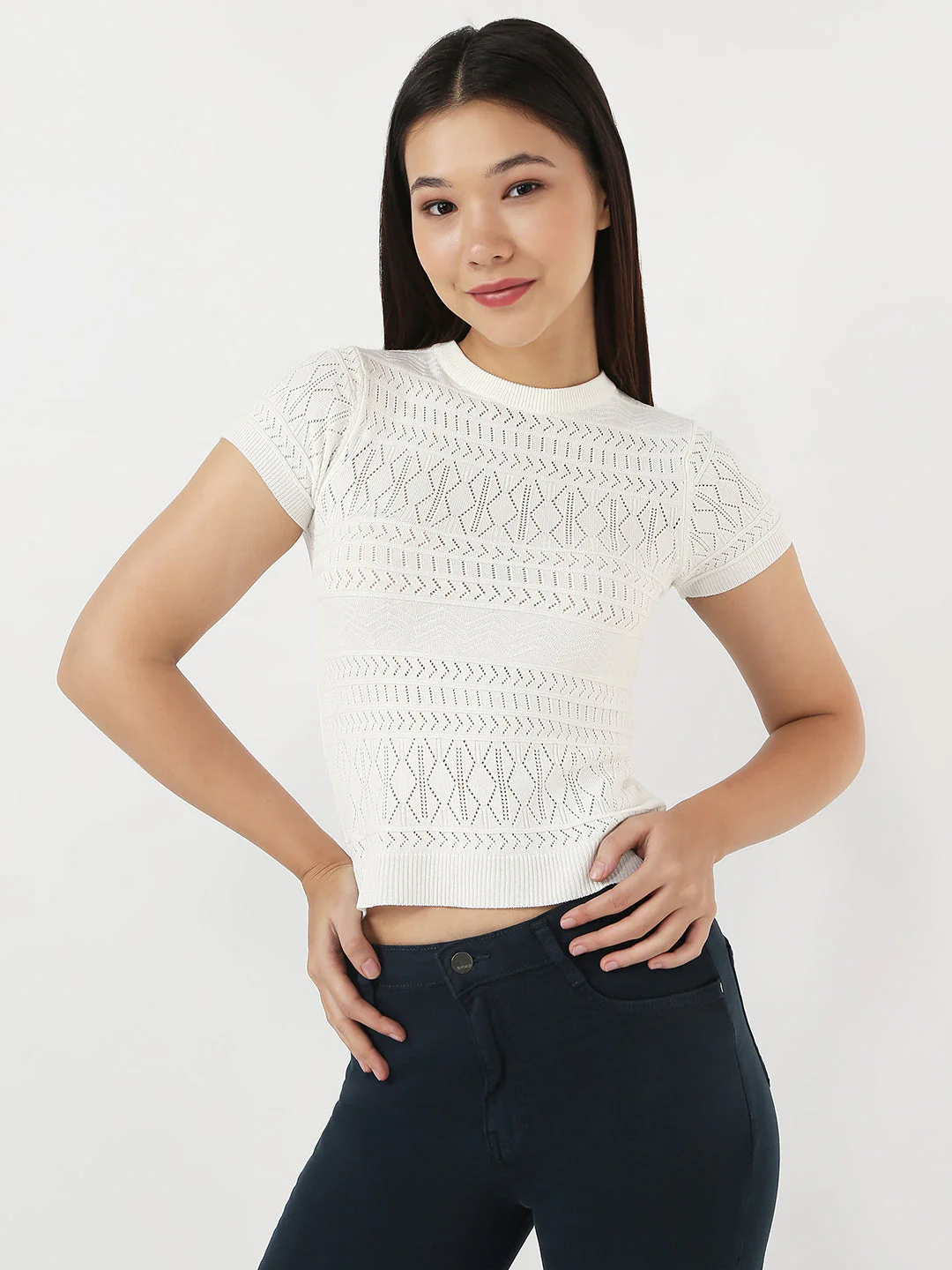 Women White Slim Flat Knit Top - Image 2