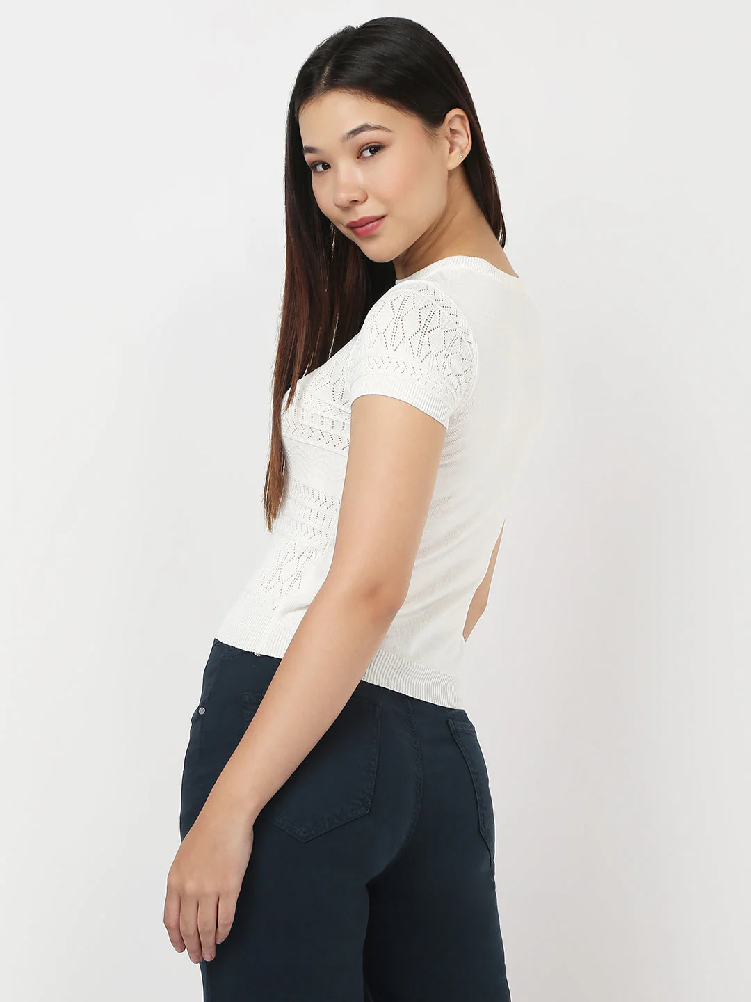 Women White Slim Flat Knit Top - Image 3