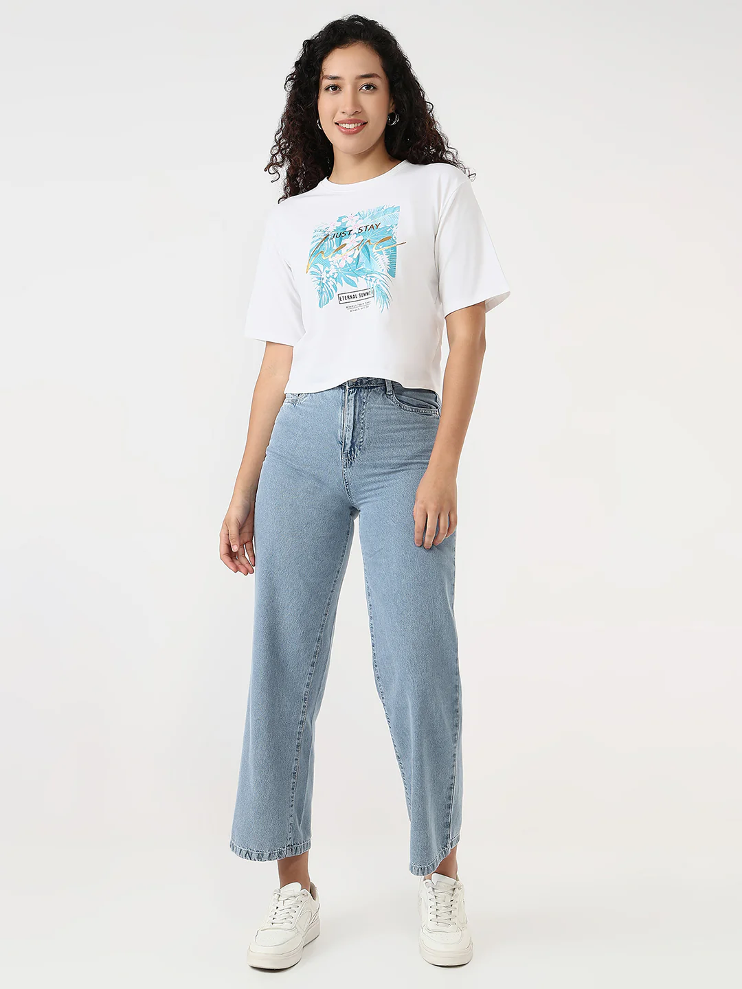 Women White Slim Graphic Crop Tees - Image 3