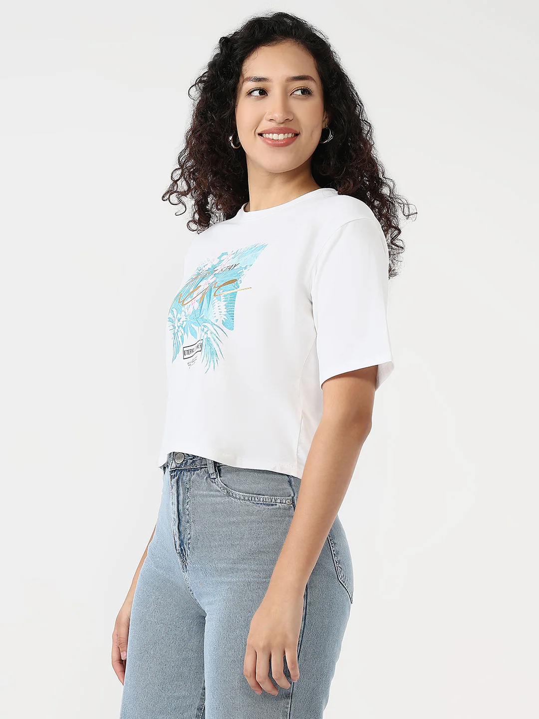 Women White Slim Graphic Crop Tees - Image 5