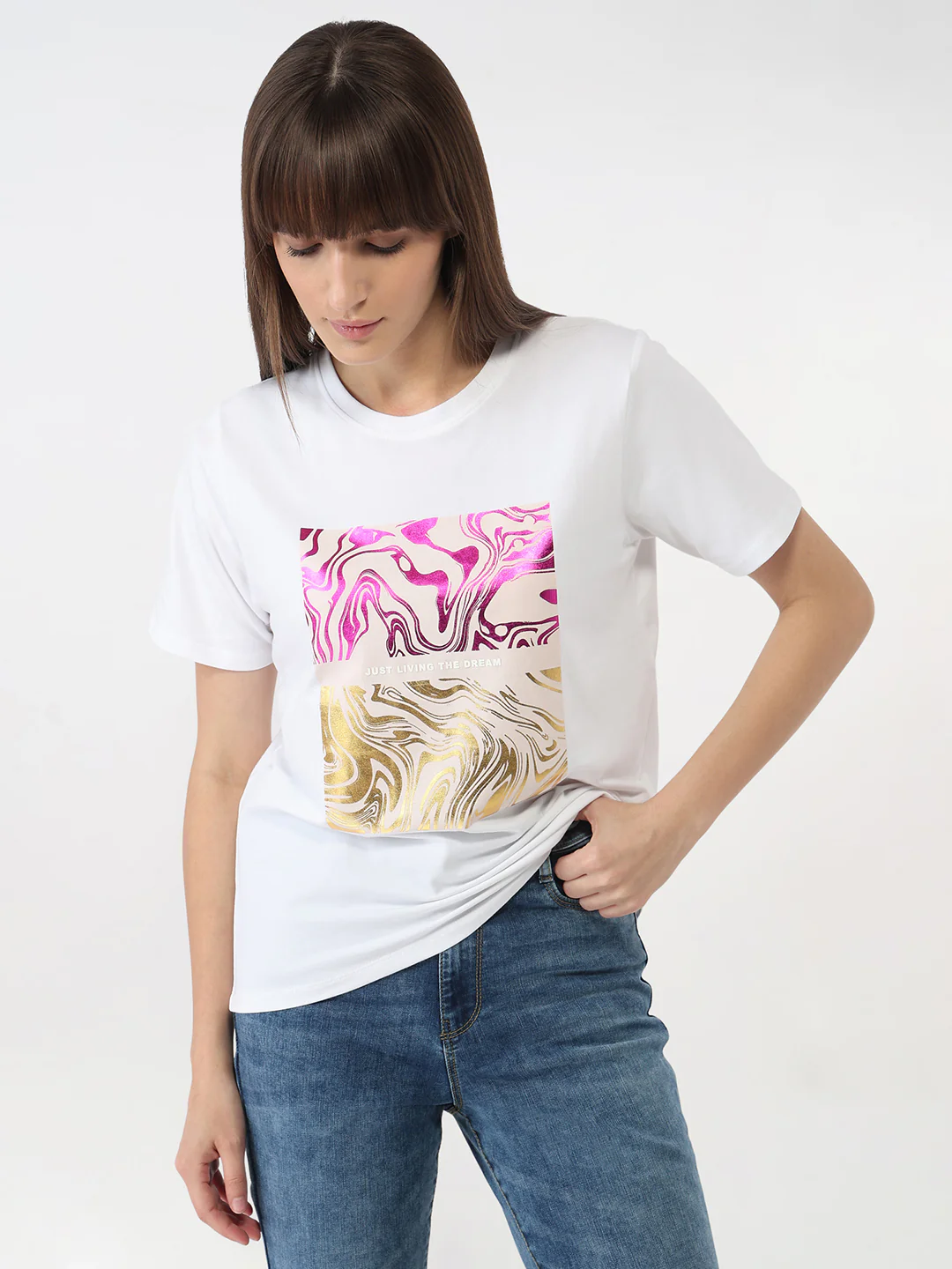 Women White Slim Graphic T-Shirt - Image 2