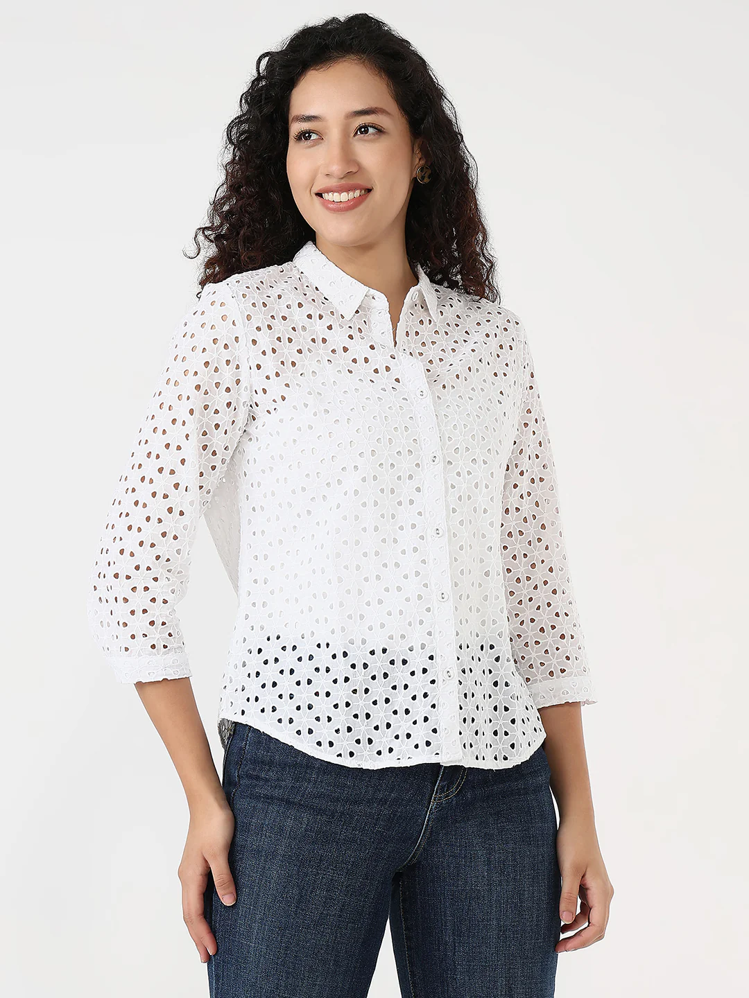 Women White Slim Schiffli Shirt - Image 2