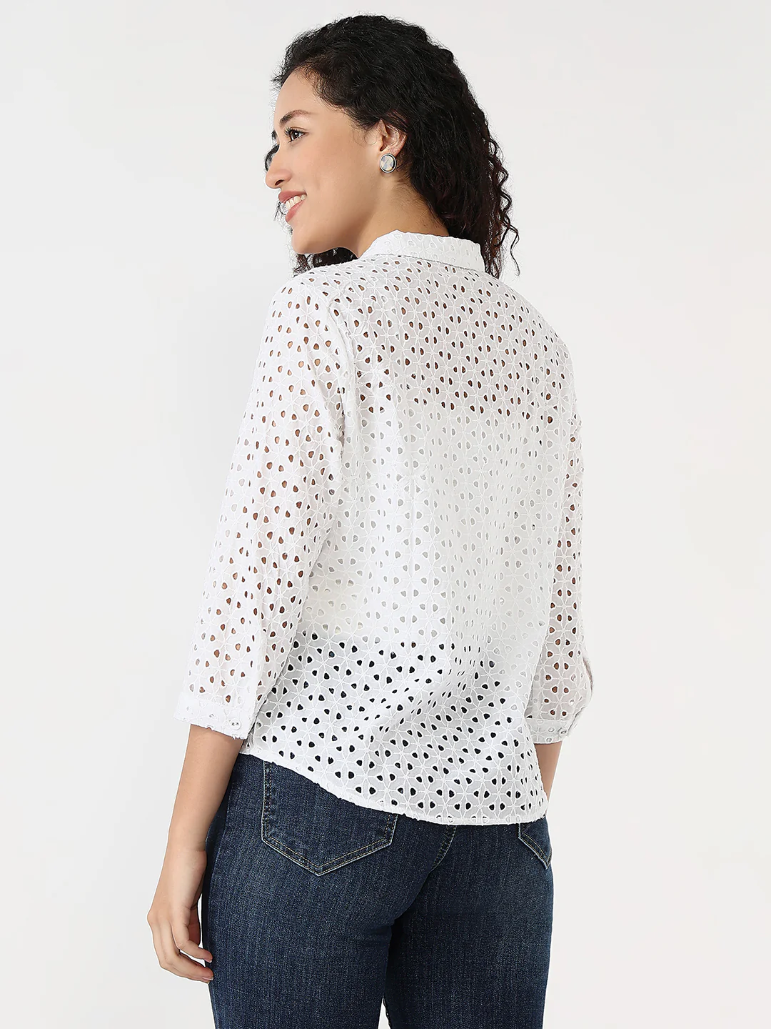 Women White Slim Schiffli Shirt - Image 3