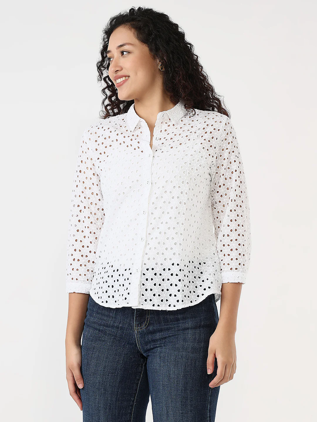 Women White Slim Schiffli Shirt - Image 4