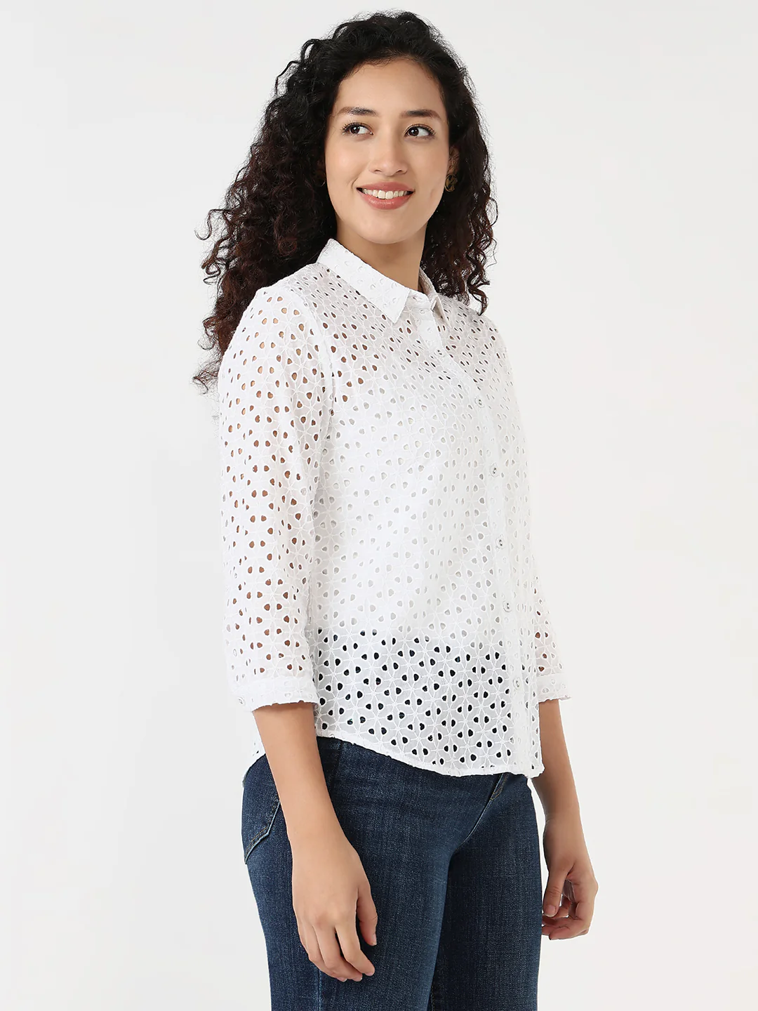 Women White Slim Schiffli Shirt - Image 5