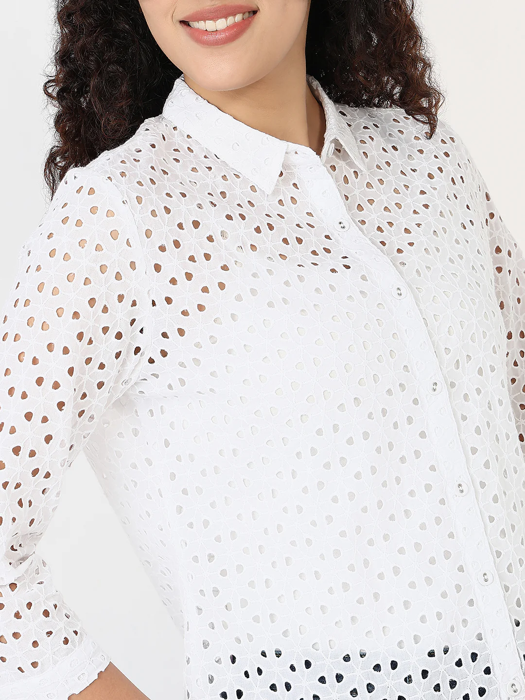 Women White Slim Schiffli Shirt - Image 6