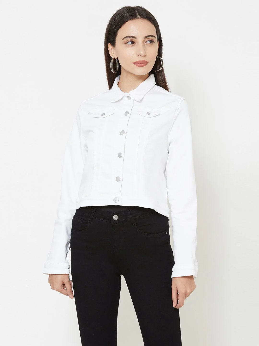 Women White Wovens Denim Jacket