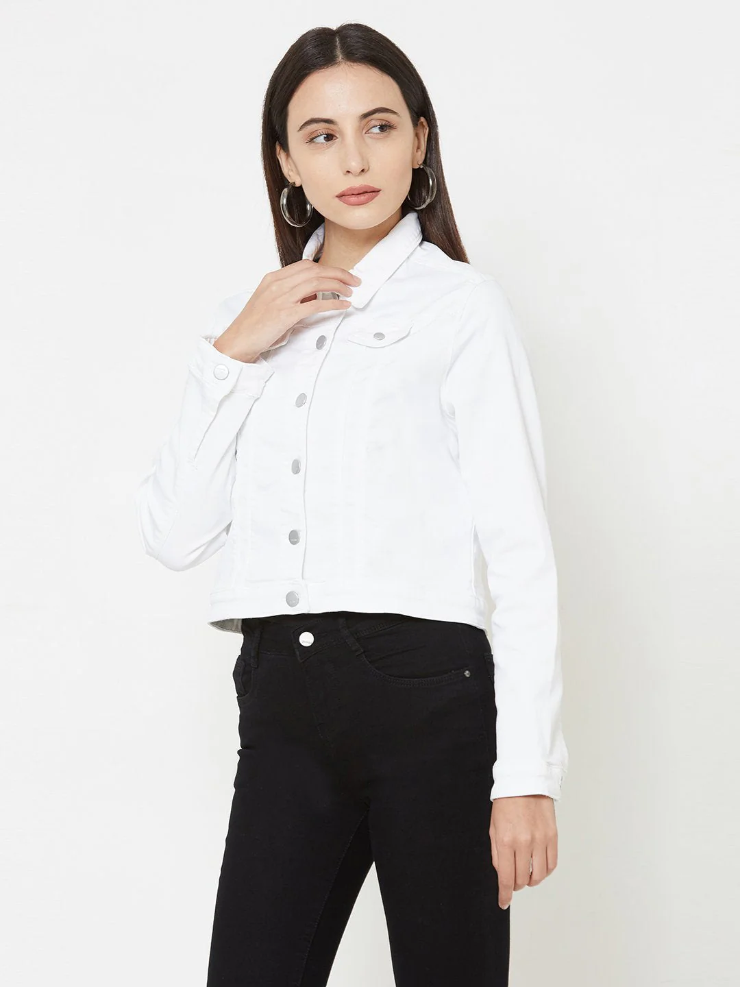 Women White Wovens Denim Jacket - Image 4