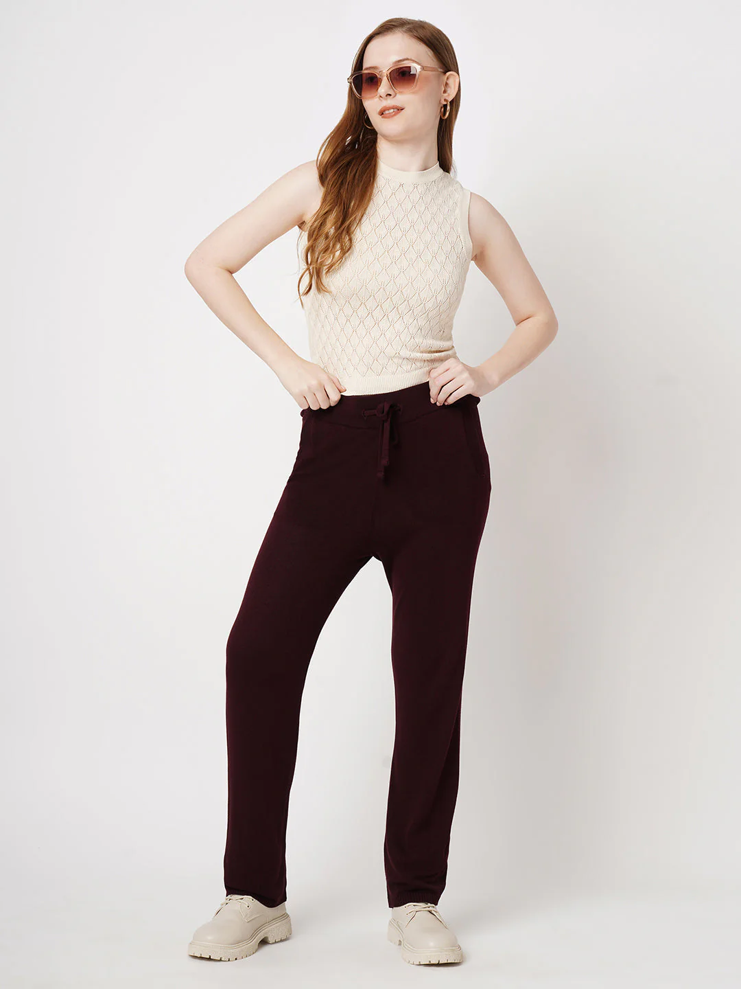 Women Wine High-Rise Loose Straight Pants - Image 4