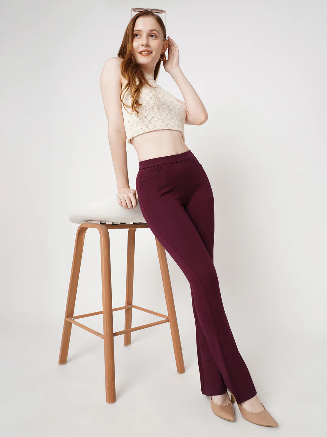 Women Wine Mini Flare Treggings