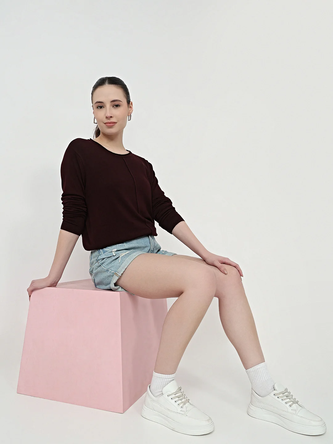 Women Wine Slim Fit Flat Knit