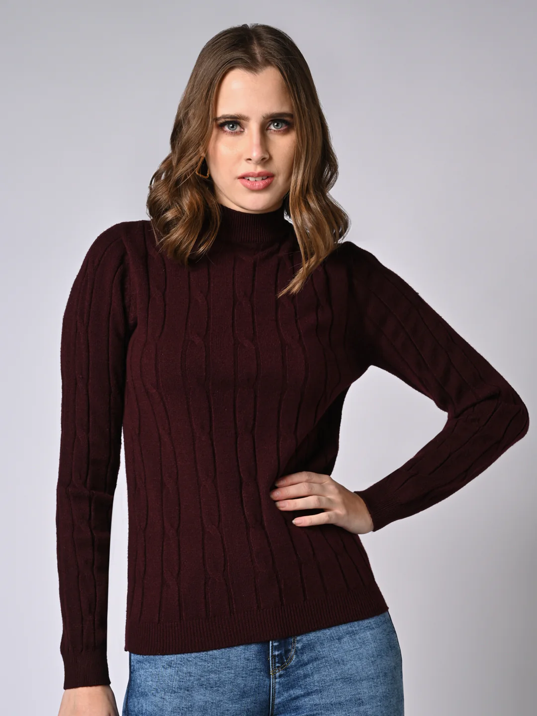 Women Wine Slim Fit Sweater - Image 2