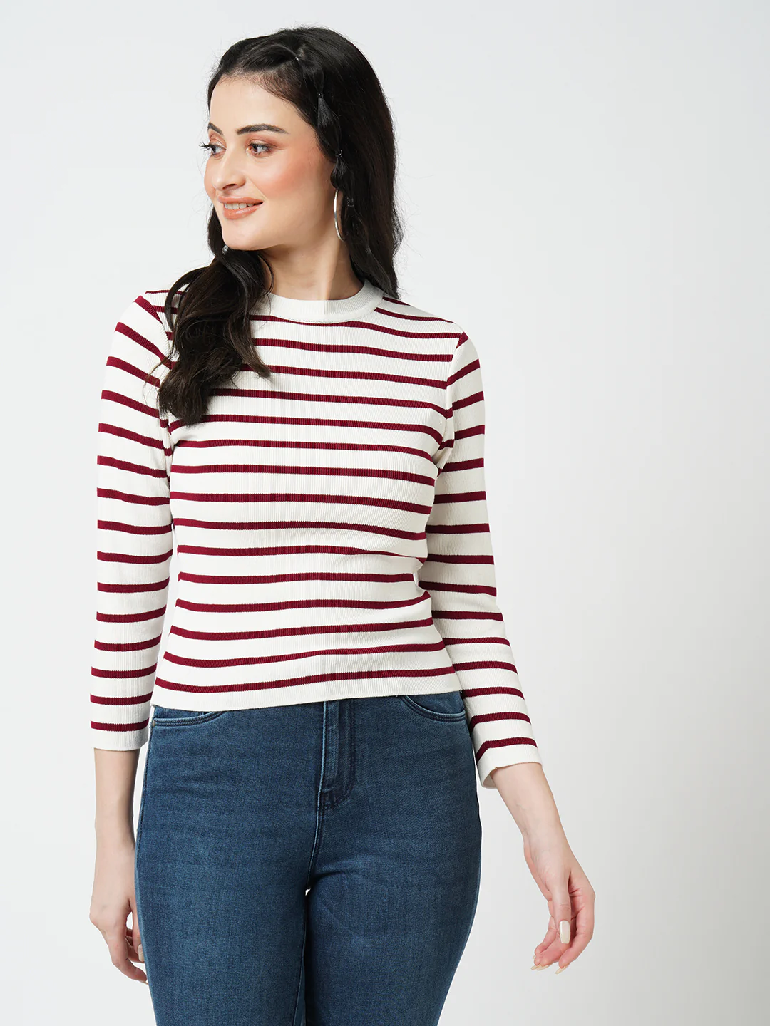 Women Wine White Slim Fit Flat Knit - Image 2