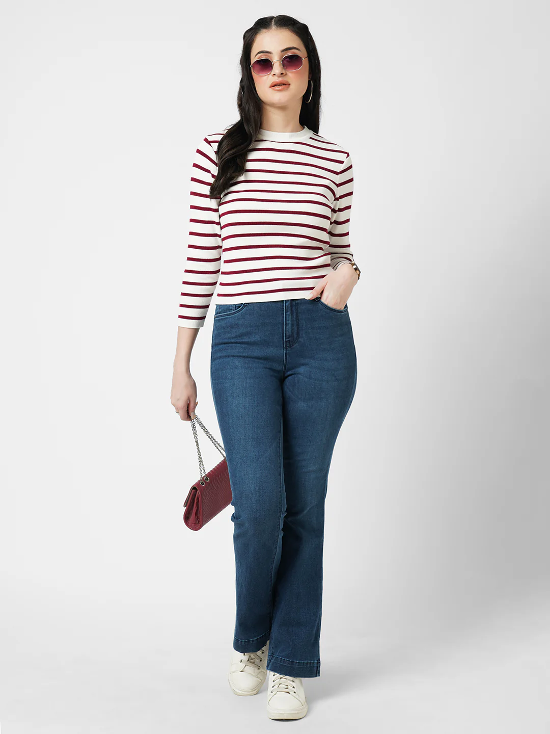 Women Wine White Slim Fit Flat Knit - Image 4