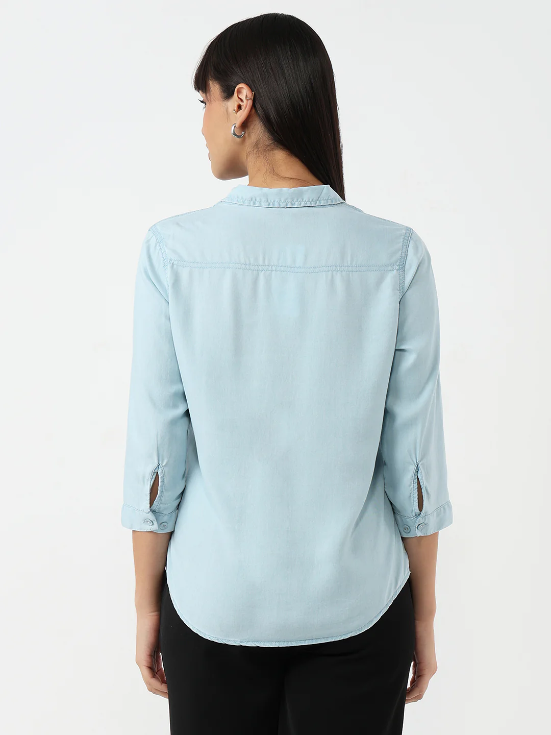 Women Women Light Blue Slim Denim Shirt - Image 3
