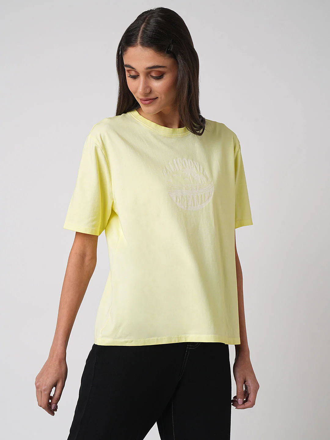 Women Yellow Cold Dye Boxy Graphic Tees - Image 5