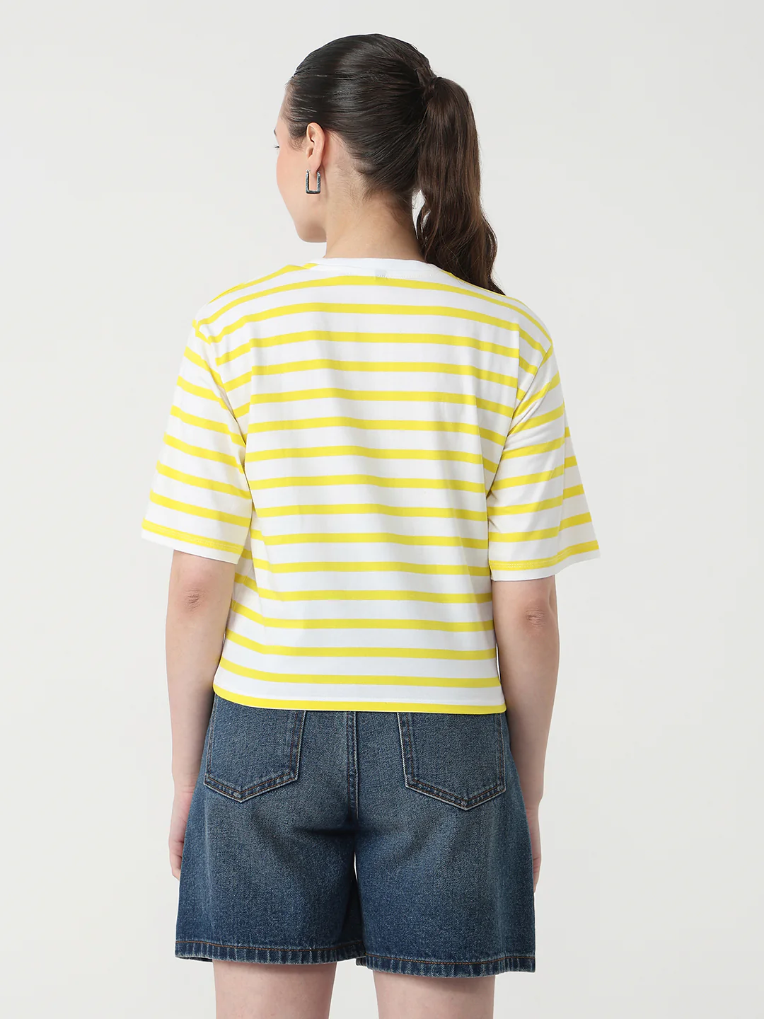 Women Yellow/White Graphic Crop Tees - Image 3