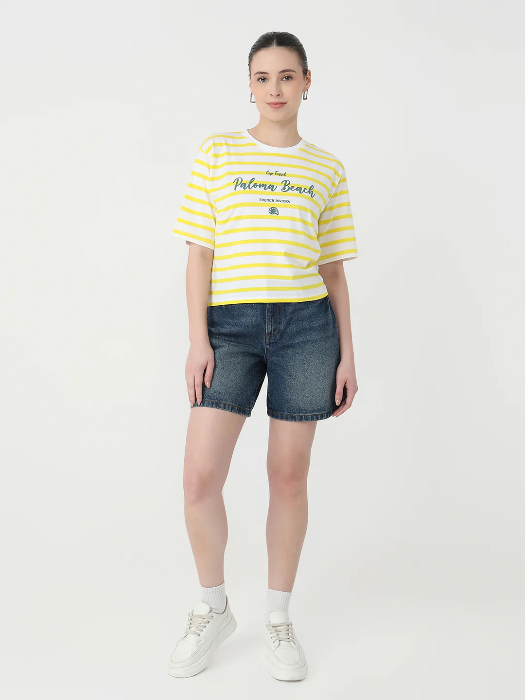 Women Yellow/White Graphic Crop Tees - Image 4