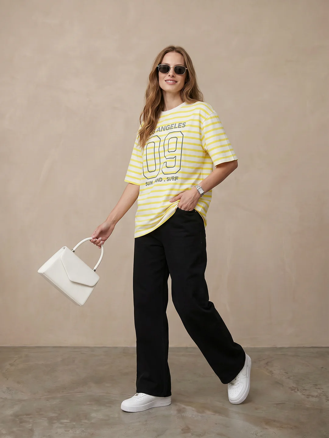 Women Yellow/White Oversized T-Shirt