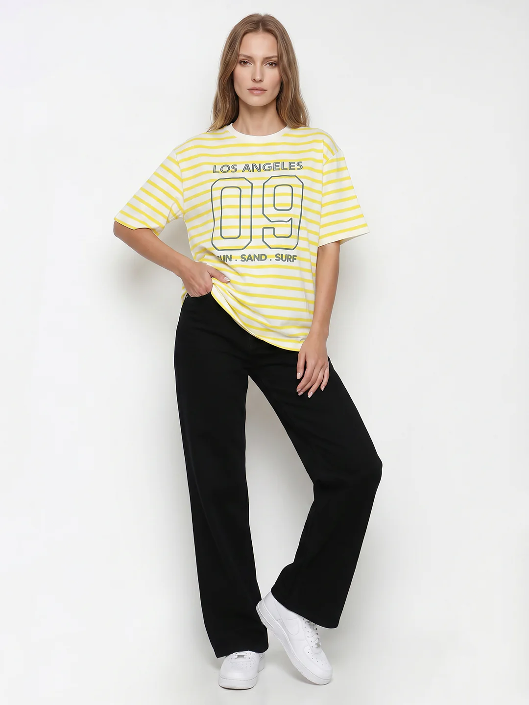 Women Yellow/White Oversized T-Shirt - Image 4