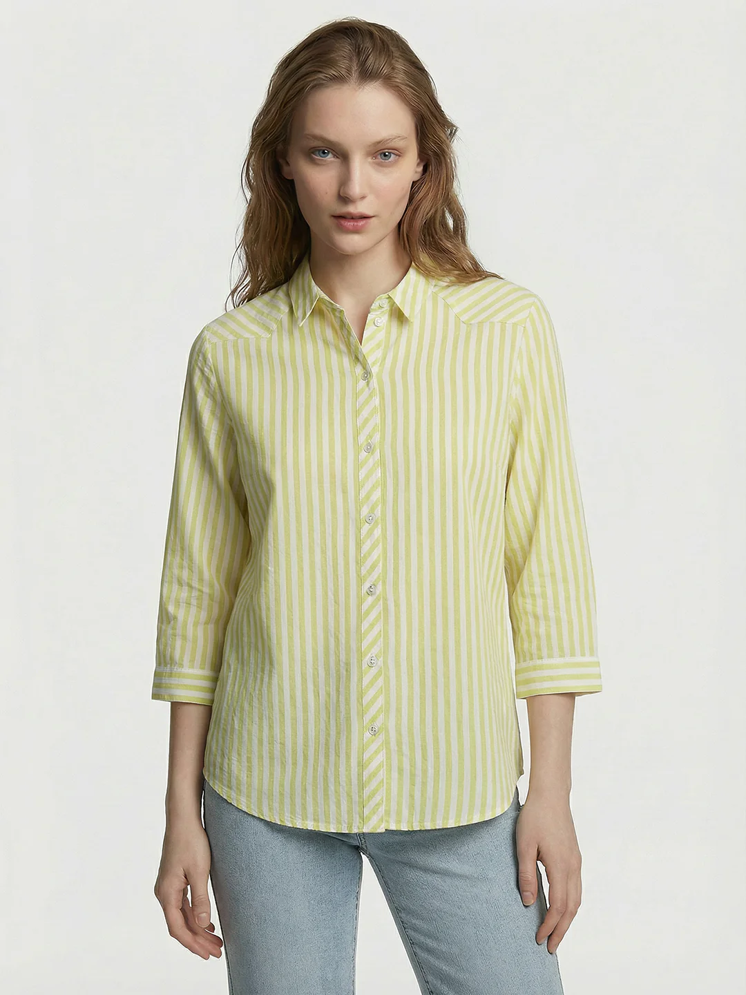 Women Yellow/White Striped Shirt - Image 2
